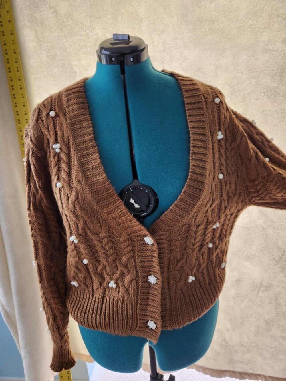 Soft Brown Button sweater/cardigan with pearl accents
